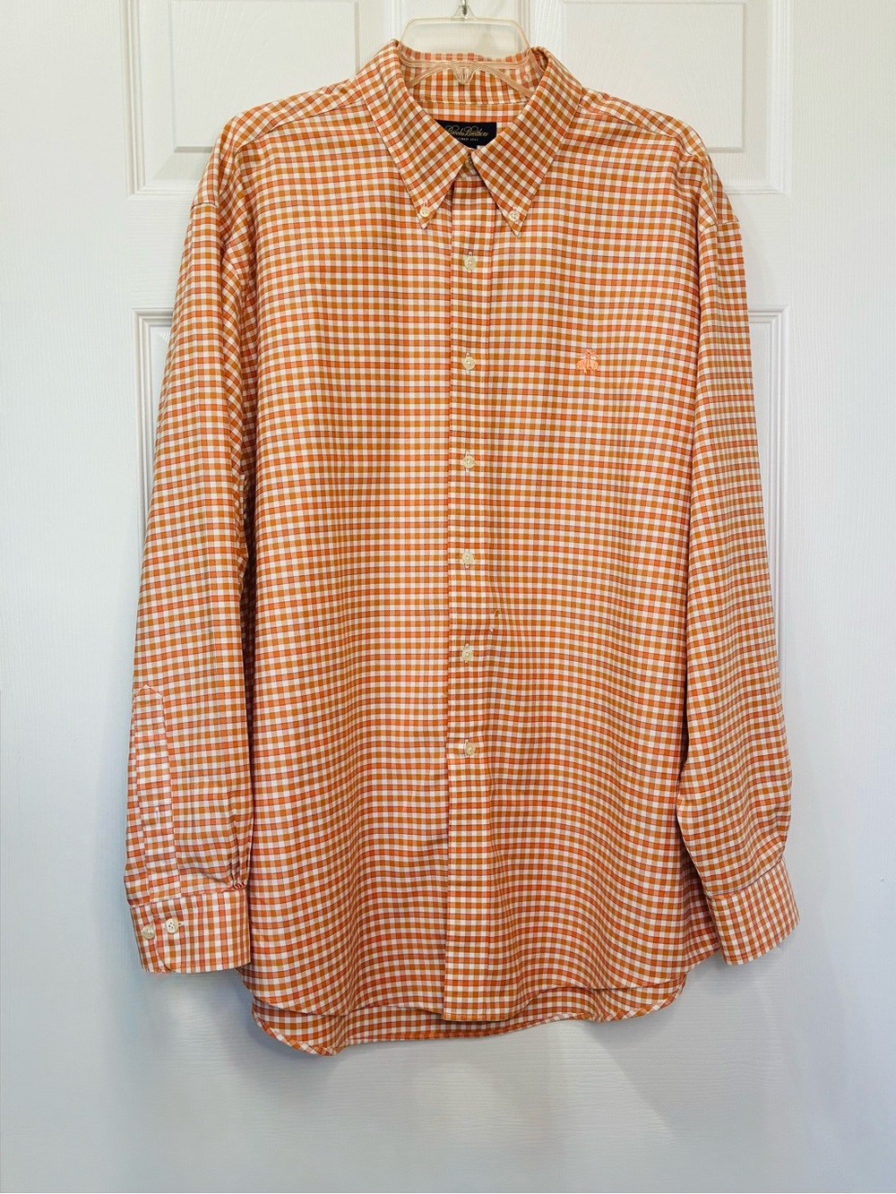 Brooks Brothers Non-Iron Button Down Shirt Men’s XL Cotton Orange White Plaid